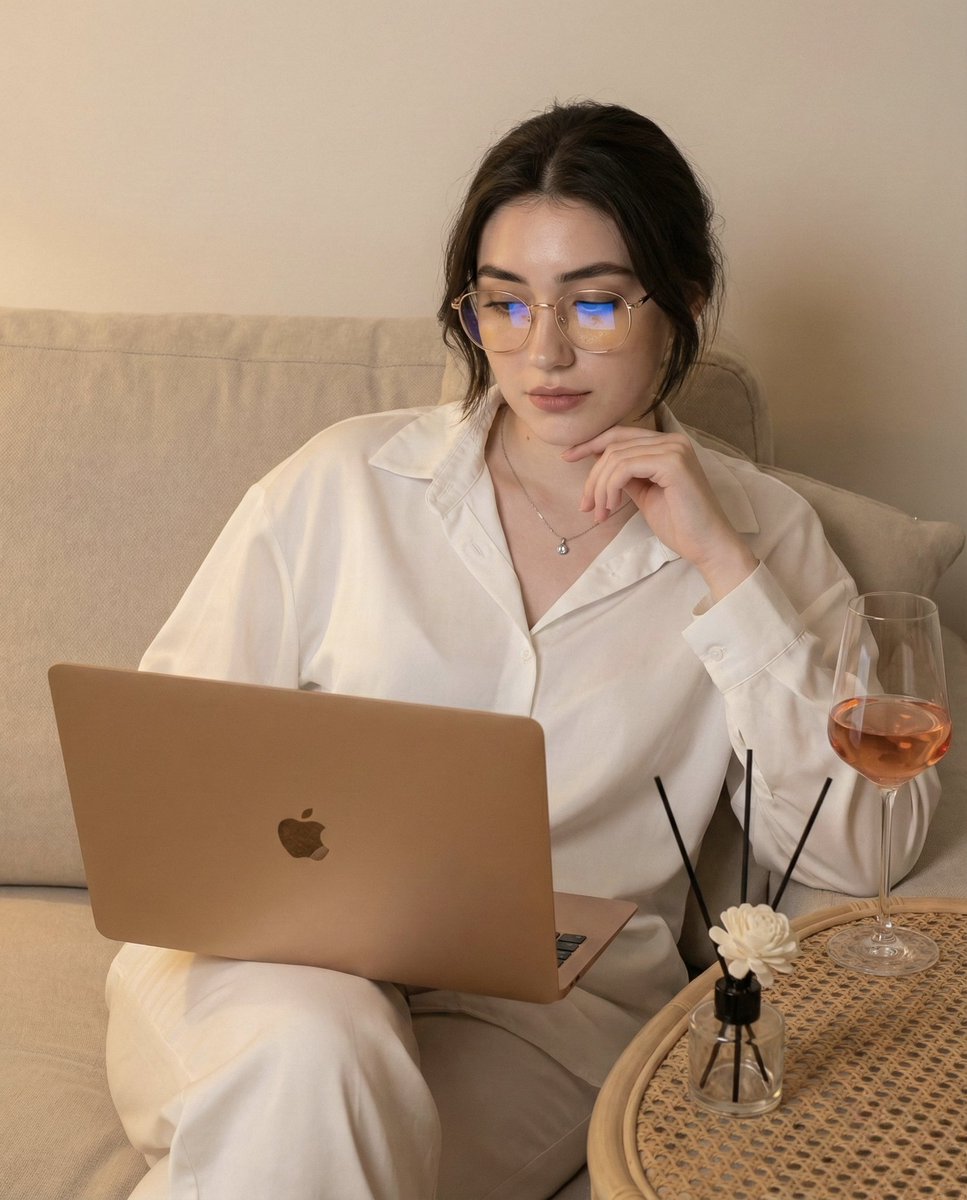 Young Asian Woman on a Comfortable Sofa Indoors, People, nanoBanana-Pro, Apple MacBook Pro, Casual Dress reference image