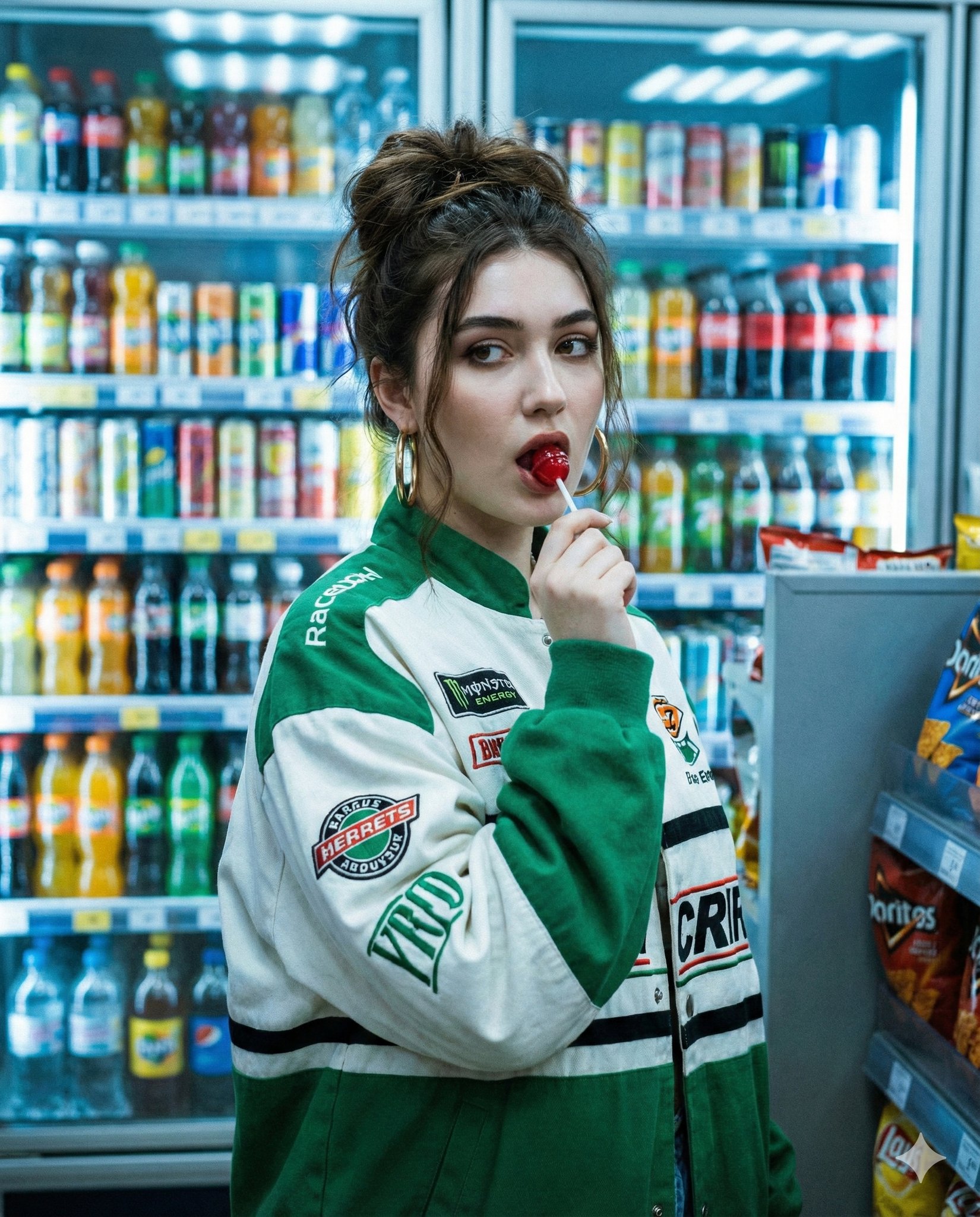 90s-style Young Woman Posing in a Convenience Store, Fashion, nanoBanana-Pro, 35mm Film Camera, 90s Fashion reference image