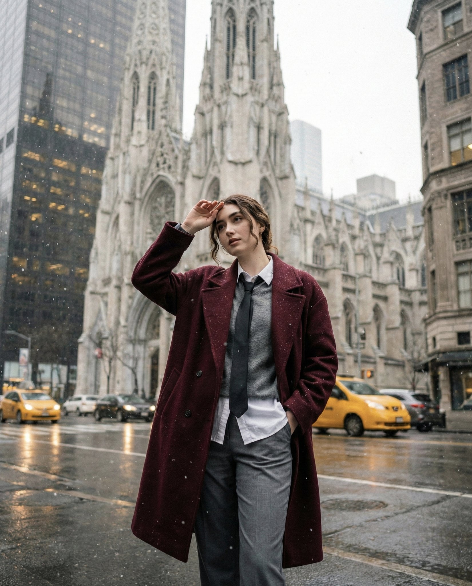 Young Woman on a Wet City Street in Gentle Snowfall, People, nanoBanana-Pro, Candid Snapshot, Casual Pose reference image