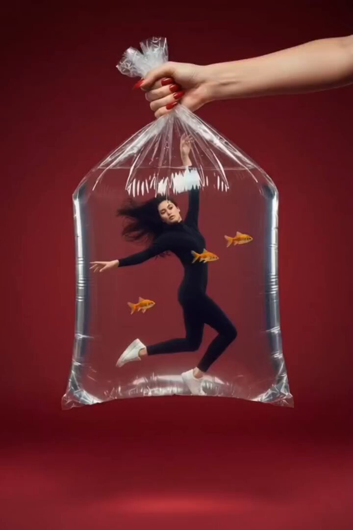 Surreal Fashion Photograph: Young Woman Floating Inside a Giant Transparent Plastic Water Bag, Fashion, nanoBanana-Pro, Aquarium Concept, Body Contours reference image