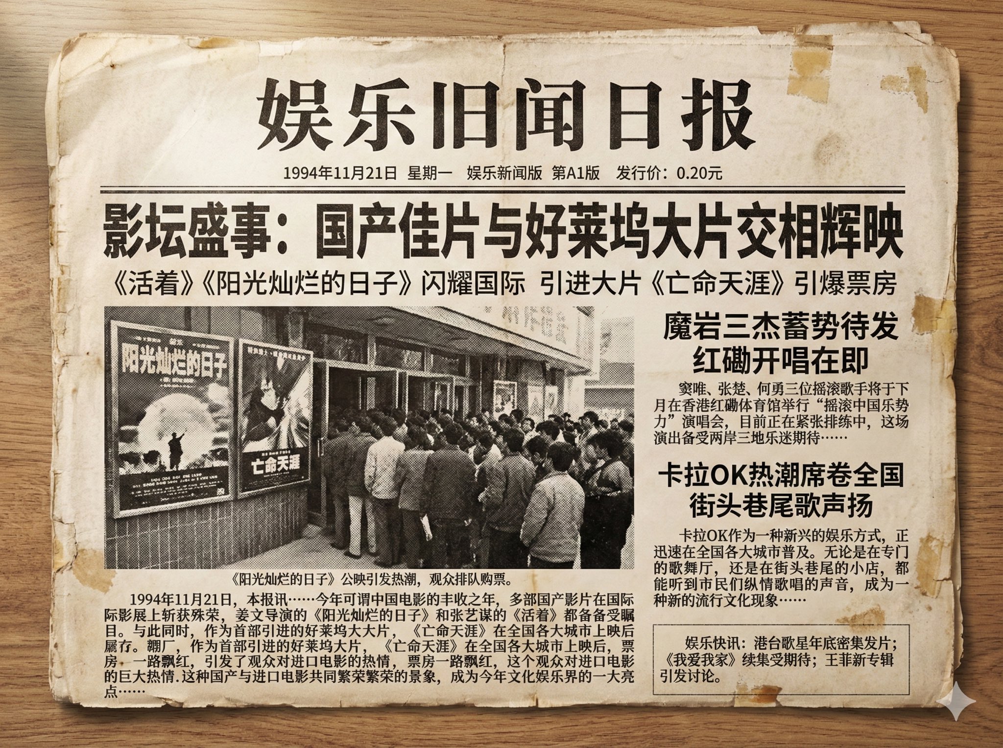 1994年11月21日中国娱乐头版旧报纸，复古，nanoBanana-Pro，1990s Entertainment, 1994 News风格参考图