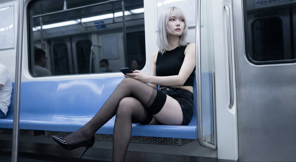 深夜地铁中的美少女，人物，nanoBanana-Pro，Contemplative, Fashion风格参考图