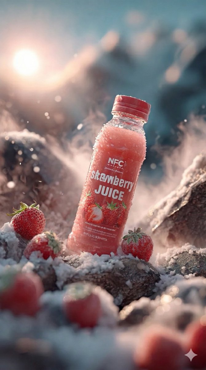 Strawberry Juice on Gemini Nano Banana 3.0, Landscape, nanoBanana-Pro, Advertising Shot, Hyper-Realistic Textures reference image