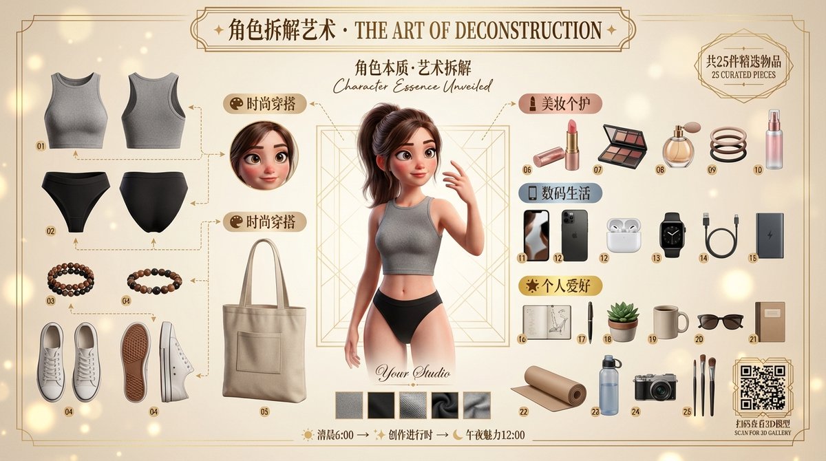 ShenLao 2.0 Character Deconstruction Art Poster Generator, Fashion, nanoBanana-Pro, 3D角色拆解, 艺术海报 reference image