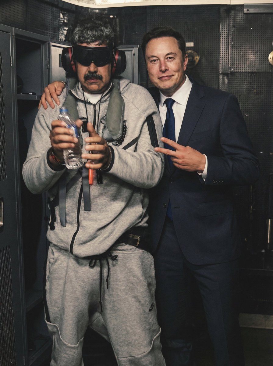 Elon Musk与委内瑞拉总统，人物，nanoBanana-Pro，Business Attire, Candid Photo风格参考图