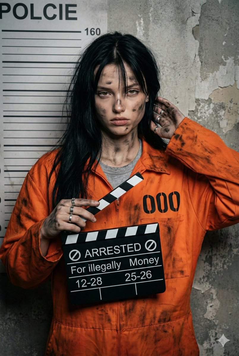 Beautiful Young Woman Mugshot, People, nanoBanana-Pro, Abandoned Setting, Black and White Slate reference image
