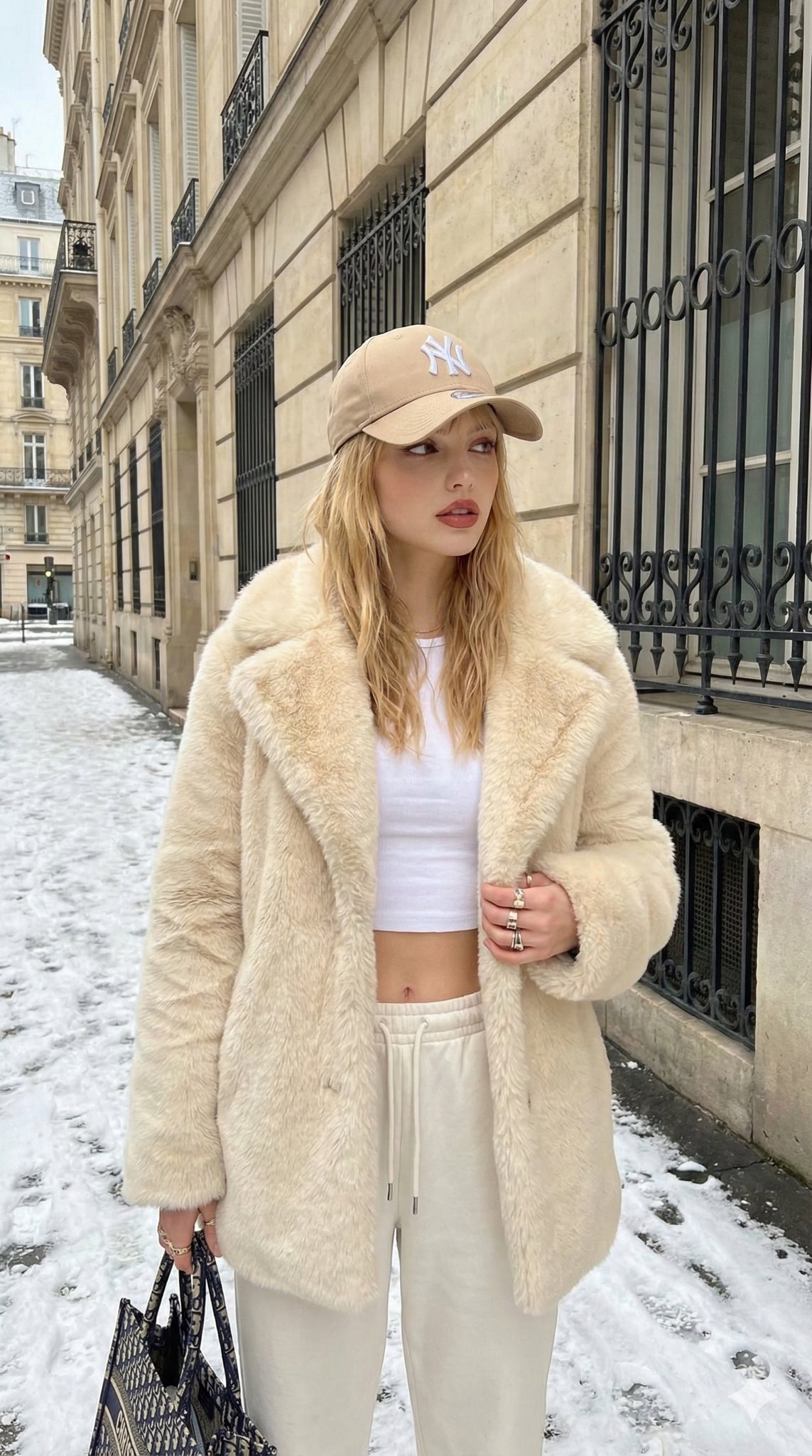 Fashion Photography of Gemini Nano Banana Pro Model, Fashion, nanoBanana-Pro, Baseball Cap, Cream Color reference image