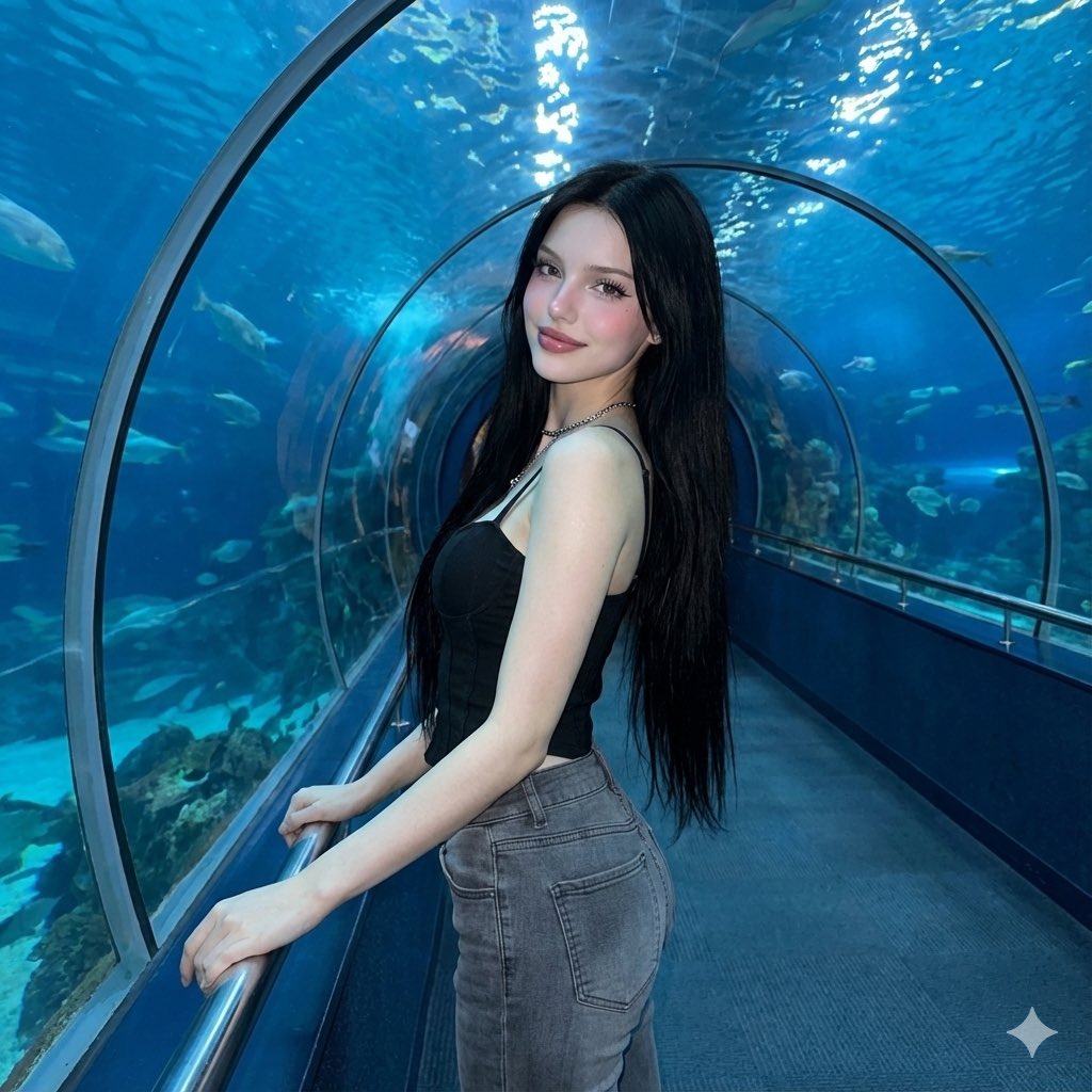 Gemini Nano Banana 3.0 - 水下观察隧道中的年轻女性，人物，nanoBanana-Pro，Black Corset Top, Calm Blue Glow风格参考图