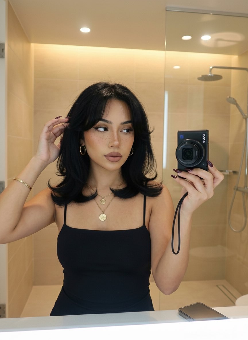 Gemini Nano Banana Pro Mirror Selfie, People, nanoBanana-Pro, Butterfly Haircut, Compact Camera reference image