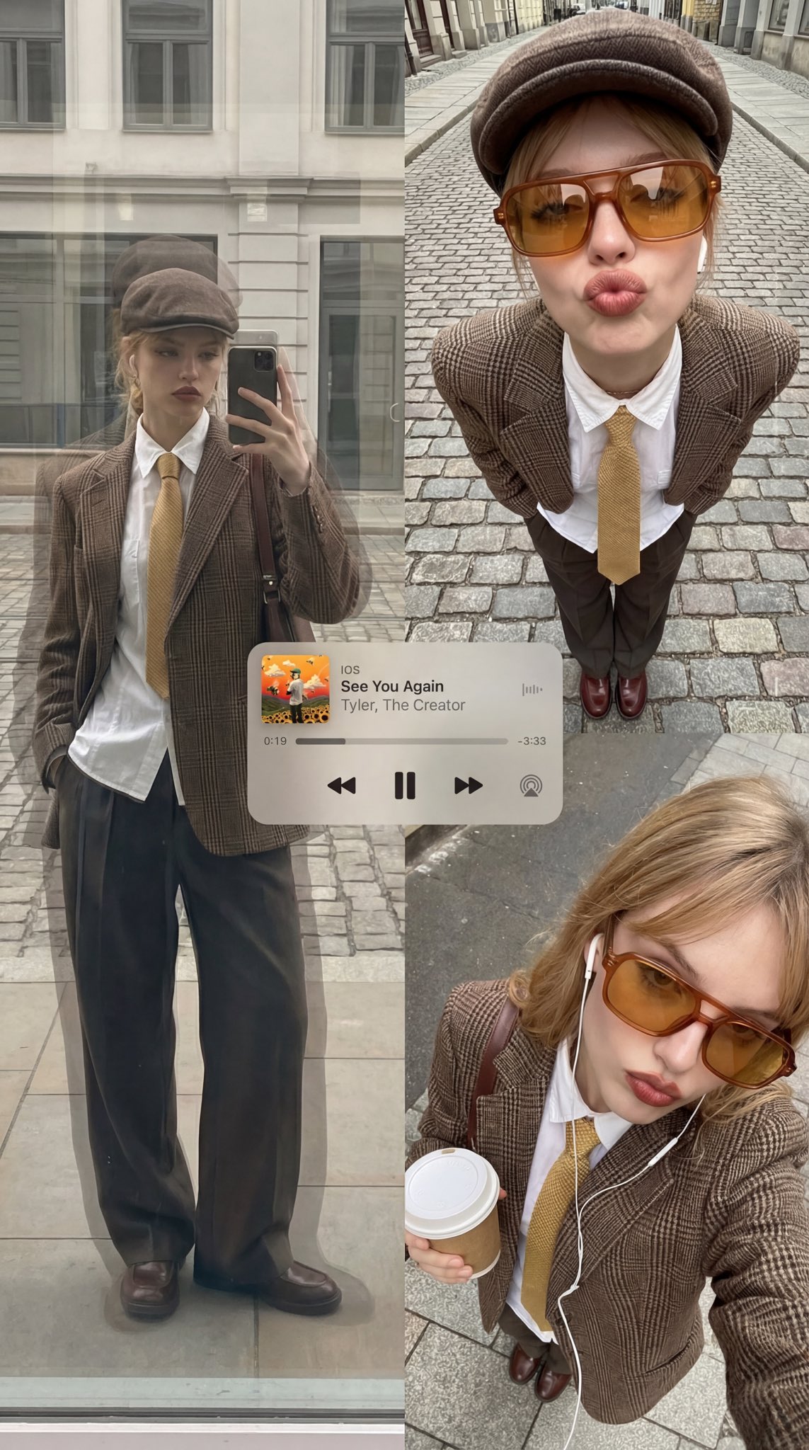 Urban Streetwear Editorial Collage, City, nanoBanana-Pro, Cobblestone Street, Overhead Selfie reference image