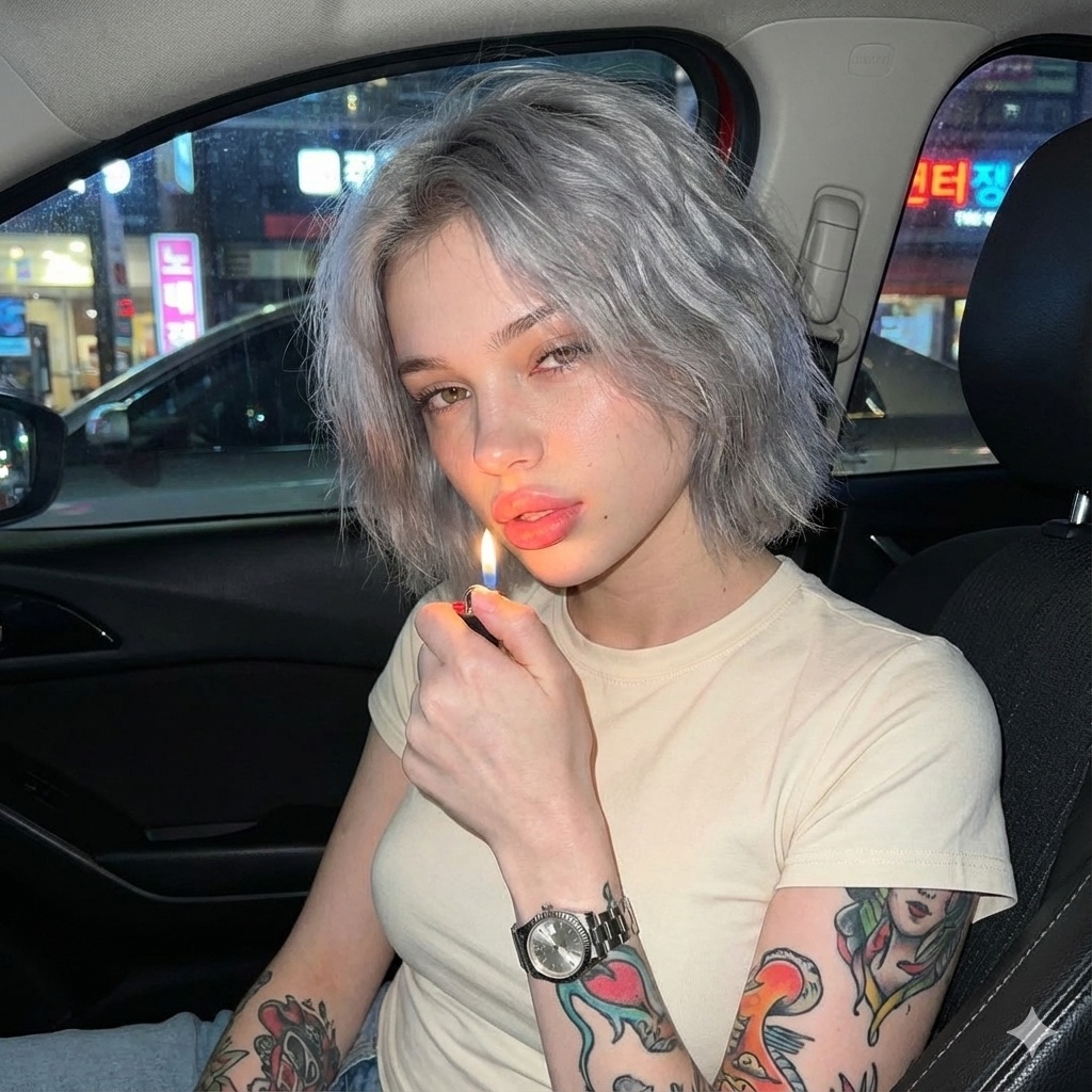 Candid Close-Up Portrait of a Woman in a Parked Car at Night, People, nanoBanana-Pro, Close-up, iPhone Lighting reference image