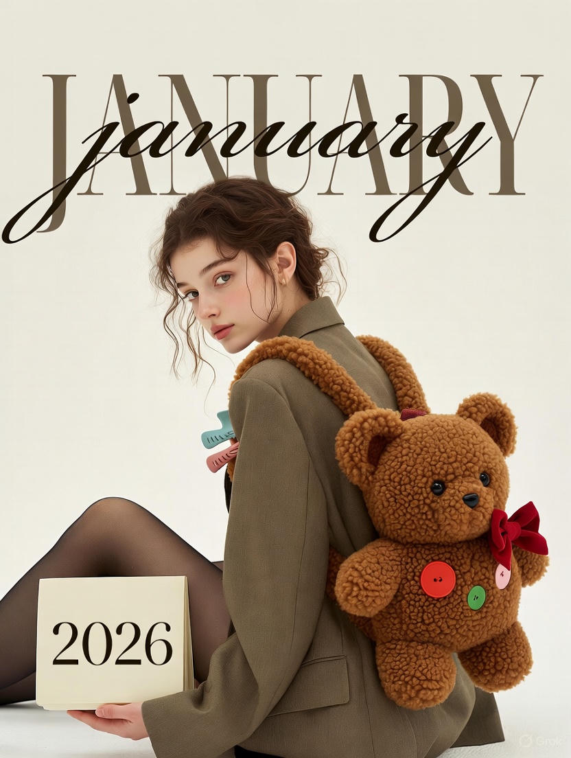 January 2026: Adorable Furry Baggage, Fashion, nanoBanana-Pro, Brown Hair, Calm Mood reference image
