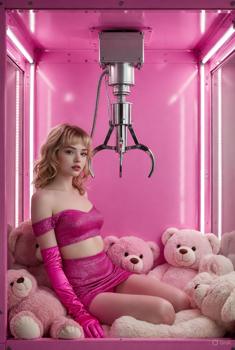 Pink Claw Machine Booth Interior, Realistic, nanoBanana-Pro, Arcade Booth, Glossy Metal reference image