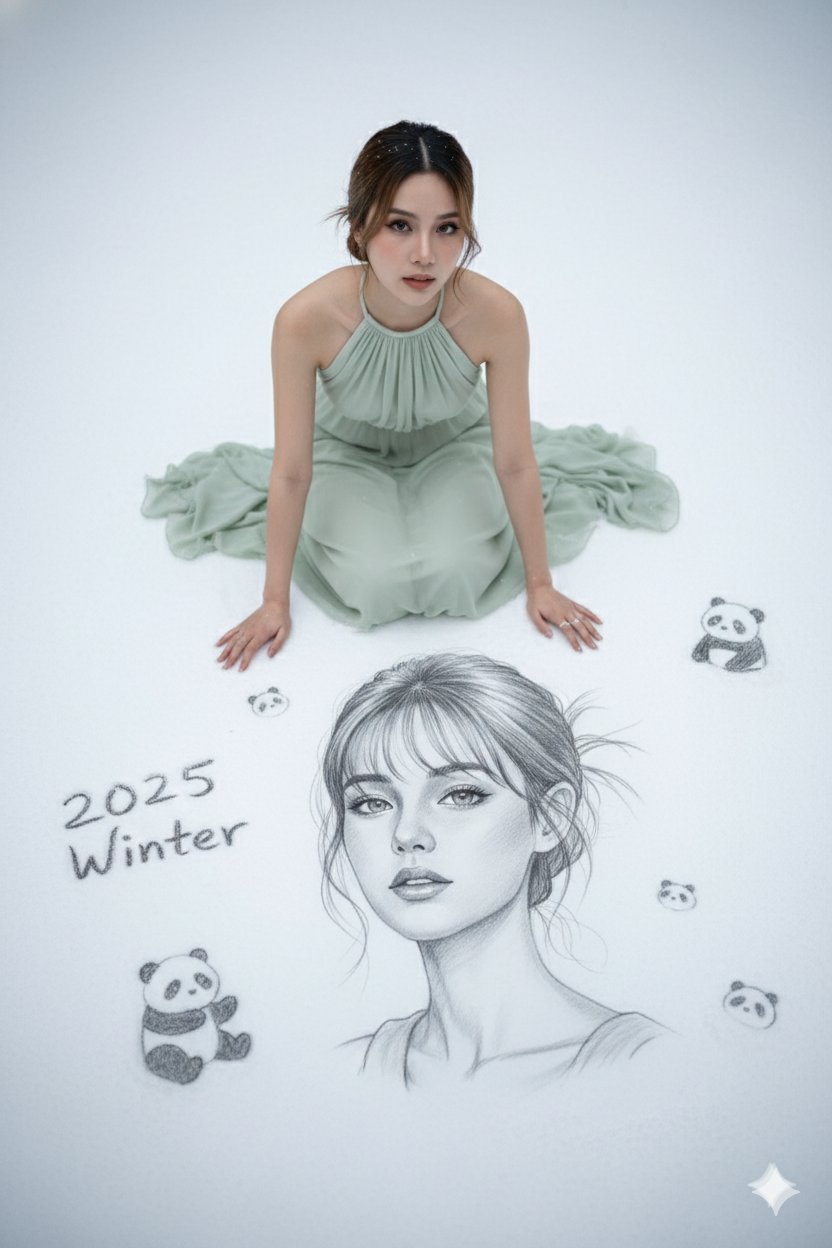 冬日雪地中的女子素描，人物，nanoBanana-Pro，Elegant, Graphite Drawing风格参考图