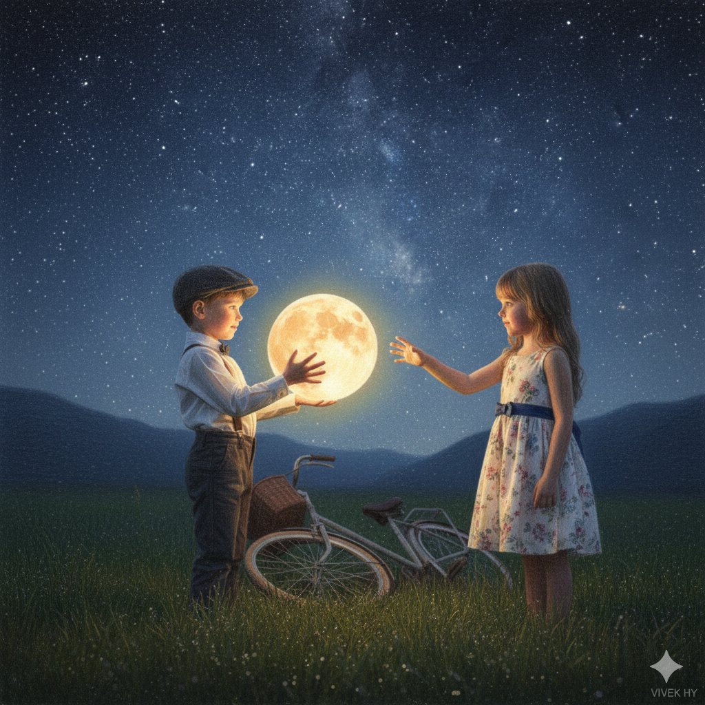 Two Kids Holding a Glowing Moon, Fantasy, nanoBanana-Pro, Child Characters, Cinematic reference image