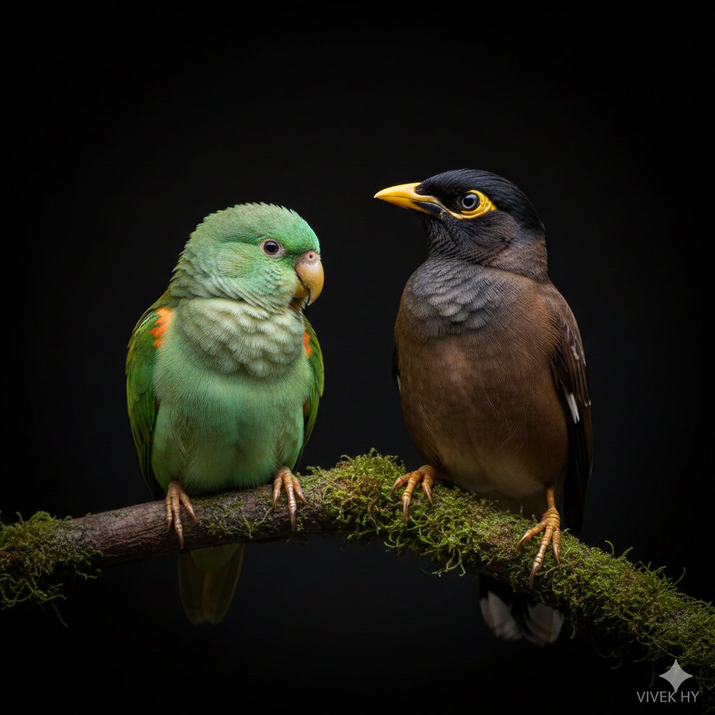 Google Gemini Nano Banana Pro Bird Contrast Prompt, Animal, nanoBanana-Pro, Brown-Black Myna, Contrast reference image