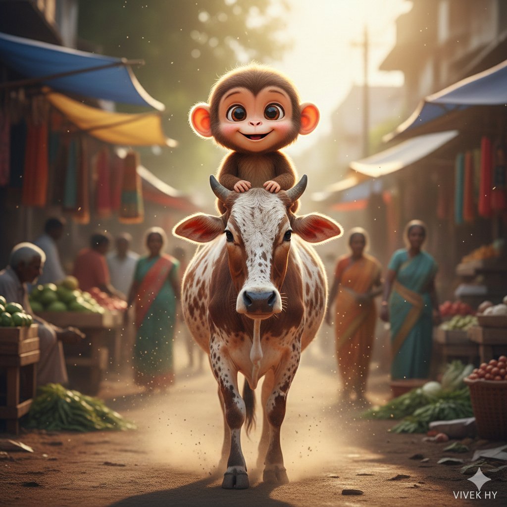 印度村庄街道上的轻松超现实时刻，抽象，nanoBanana-Pro，Cartoon Monkey, Cinematic Aesthetic风格参考图