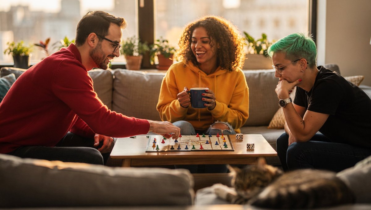 Cozy Modern Living Room in the Late Afternoon, Indoor, nanoBanana-Pro, Board Game, Cozy Atmosphere reference image