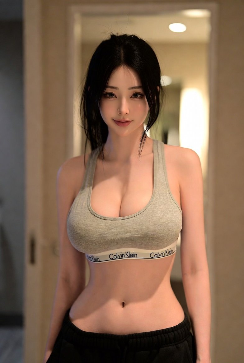 年轻女性低分辨率镜子自拍，人物，nanoBanana-Pro，Casual Bathroom Setting, Fitness风格参考图