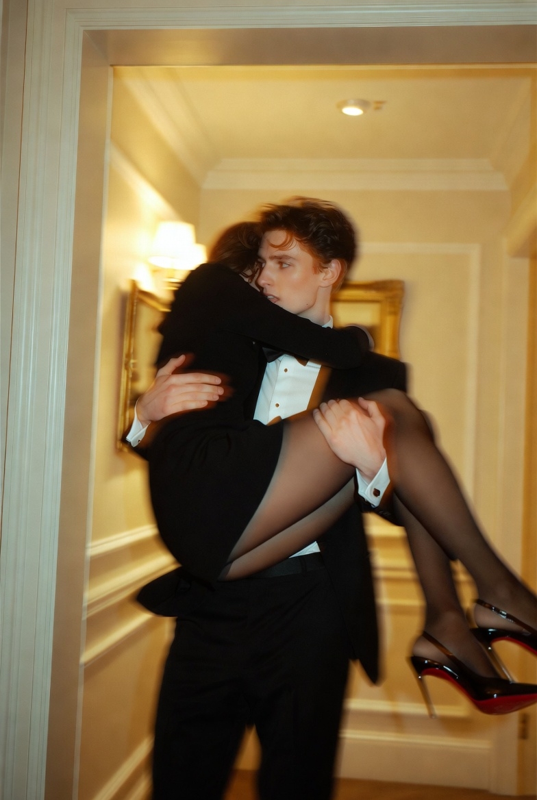 Elegant Hallway Princess Carry Moment, Film, nanoBanana-Pro, Black Tuxedo, Cinematic reference image