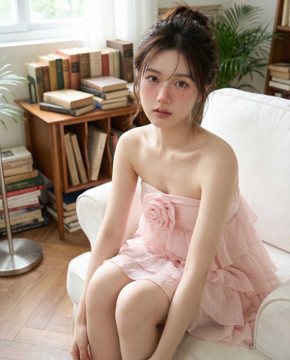 精致亚洲少女阅读场景，人物，nanoBanana-Pro，Cozy Home Library, Pastel Pink Dress风格参考图