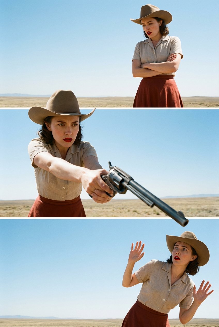 真实女性三联画，人物，nanoBanana-Pro，Cinematic Style, Cowboy Attire风格参考图
