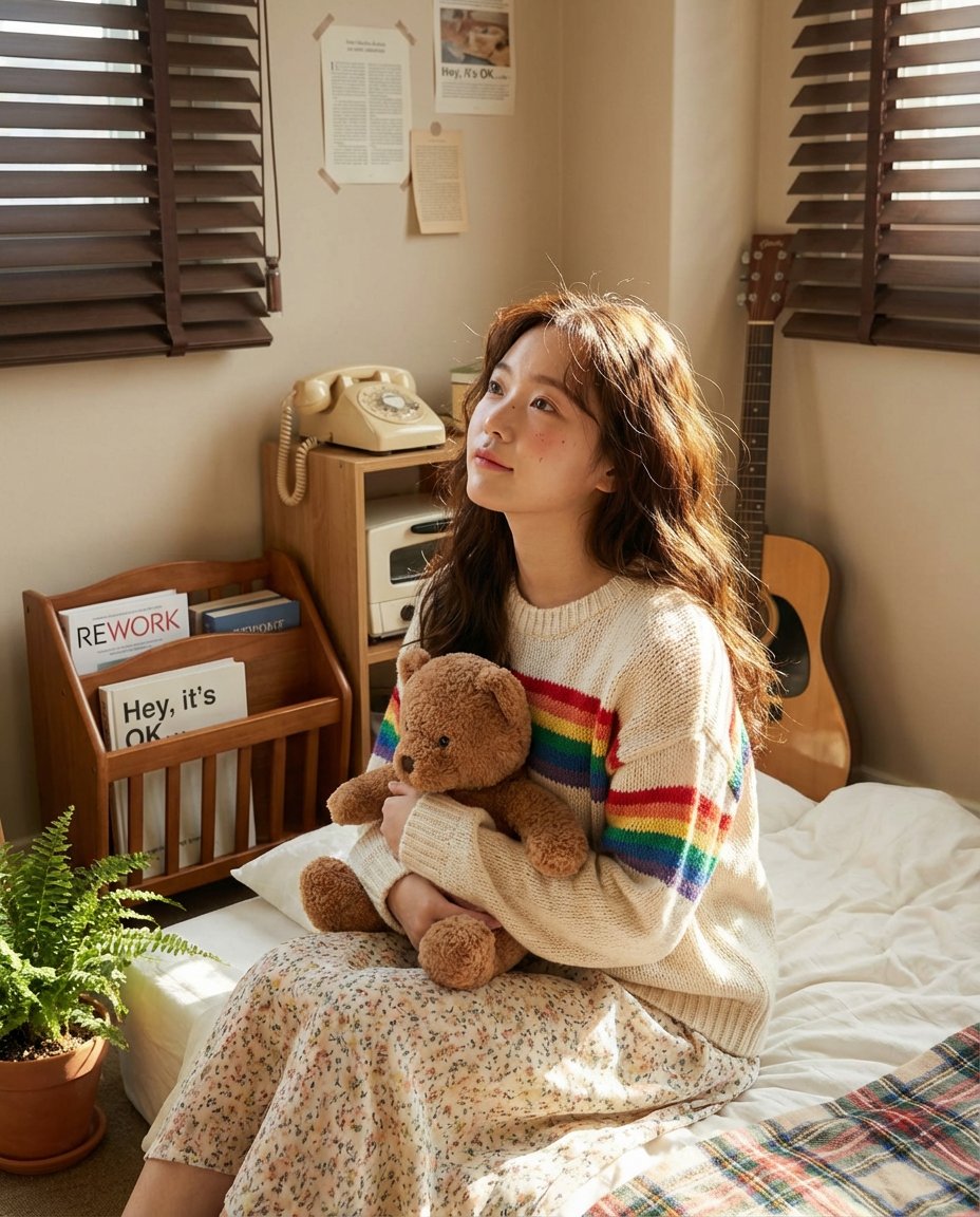 温馨日式女孩，人物，nanoBanana-Pro，Calm Expression, Chunky Knit Sweater风格参考图