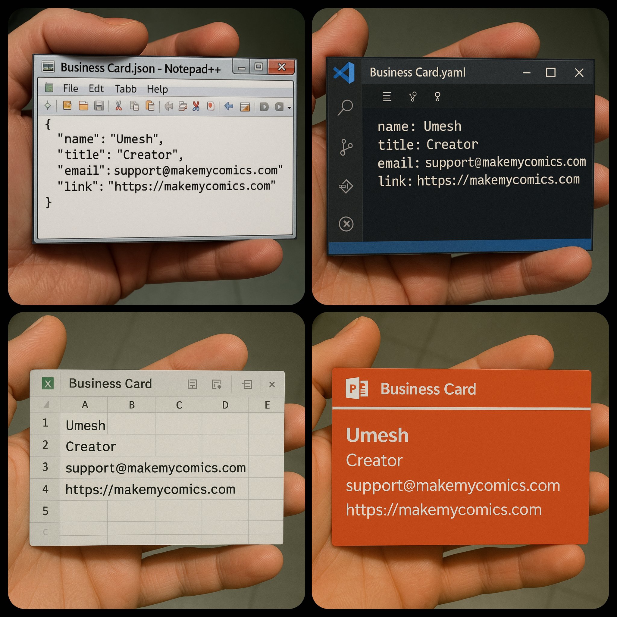 以您最喜欢的工具和技术栈设计的名片，科技，nanoBanana-Pro，Business Card Design, Code Theme风格参考图