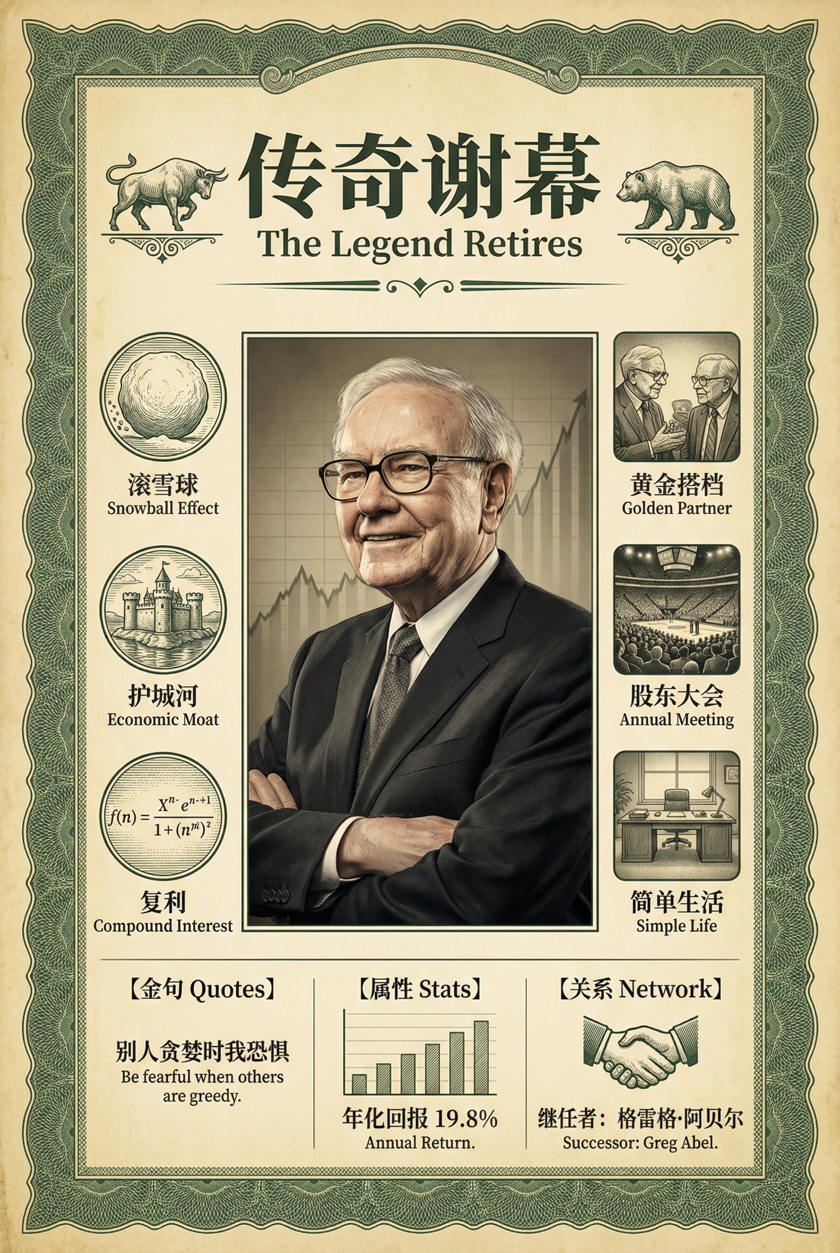 Warren Buffett Retirement Memorial Poster, Technology, nanoBanana-Pro, Bilingual, Finance reference image