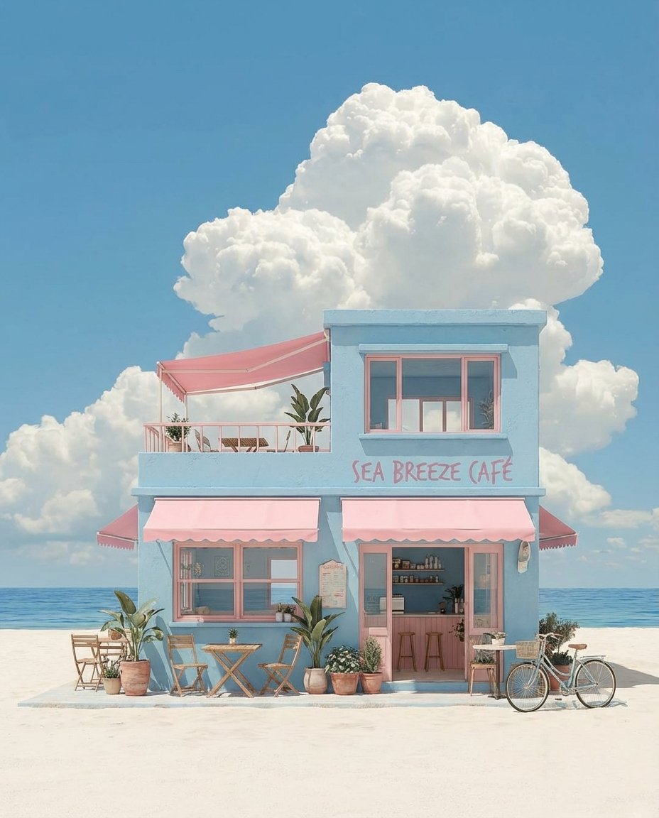 Charming Pastel Two-Story Building, Architecture, nanoBanana-Pro, Coastal Scene, Cumulus Clouds reference image