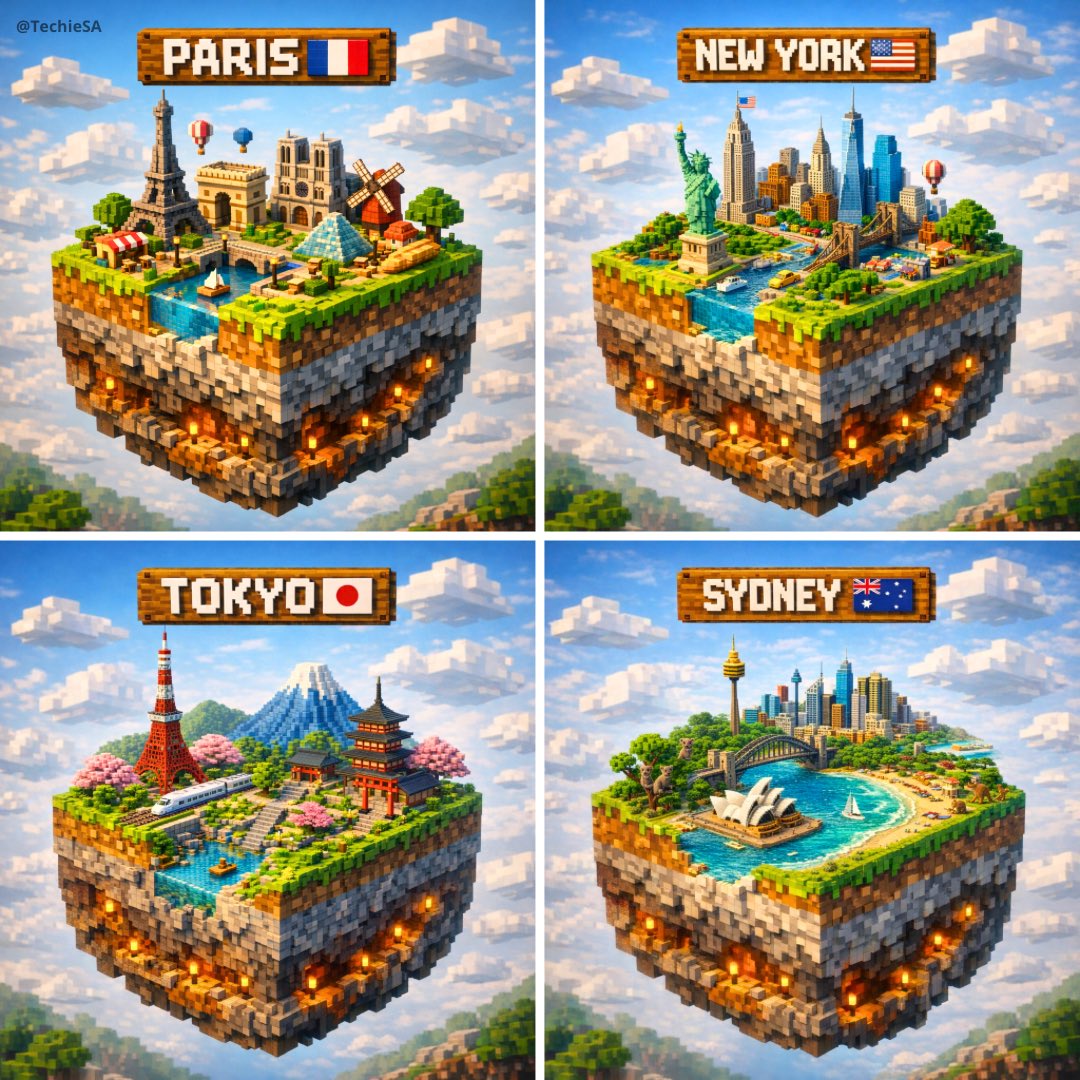3D Minecraft城市，3D，nanoBanana-Pro，3D, Cinematic Render风格参考图