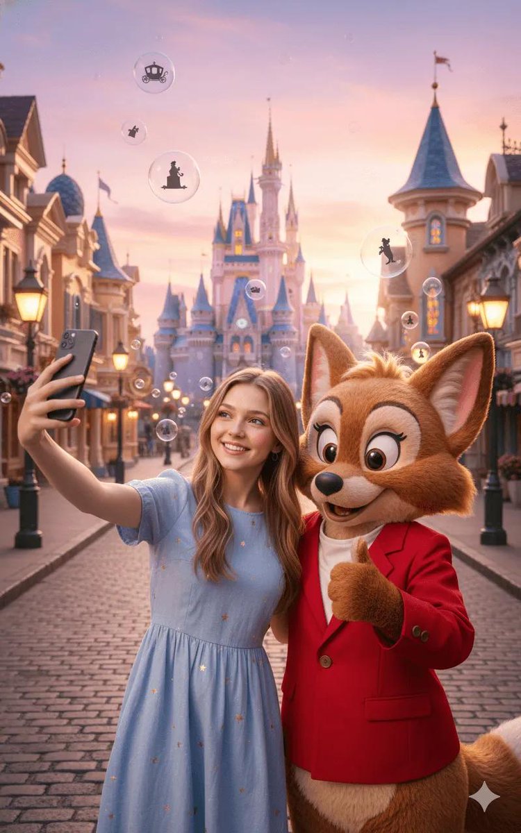 Joyful Cinematic Fantasy Photograph in a Magical Fairytale Theme Park, Fantasy, nanoBanana-Pro, Cinematic Photo, Dreamy Realism reference image