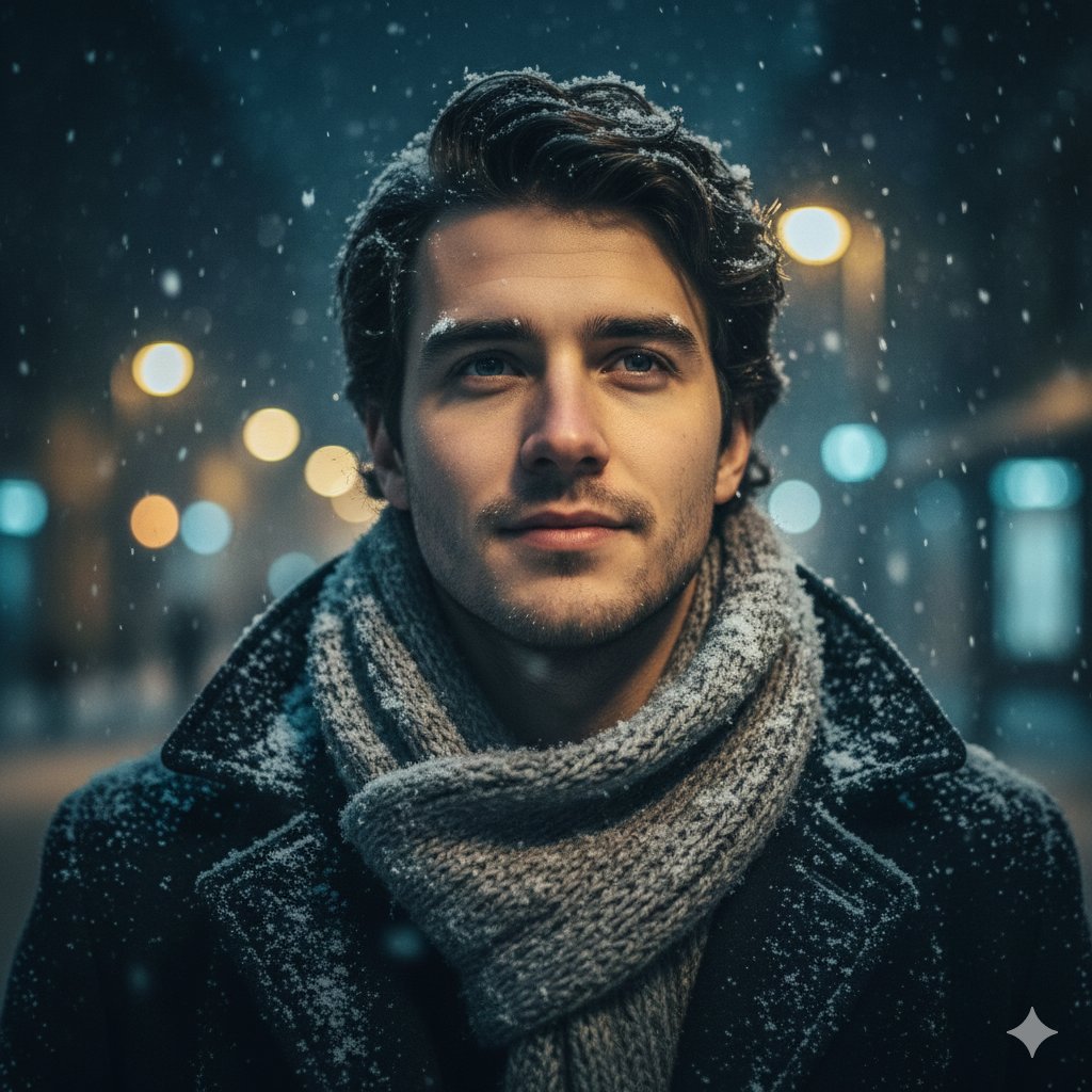Ultra-realistic Winter Urban Night Portrait, Realistic, nanoBanana-Pro, Cinematic Color Grade, Cinematic Portrait reference image