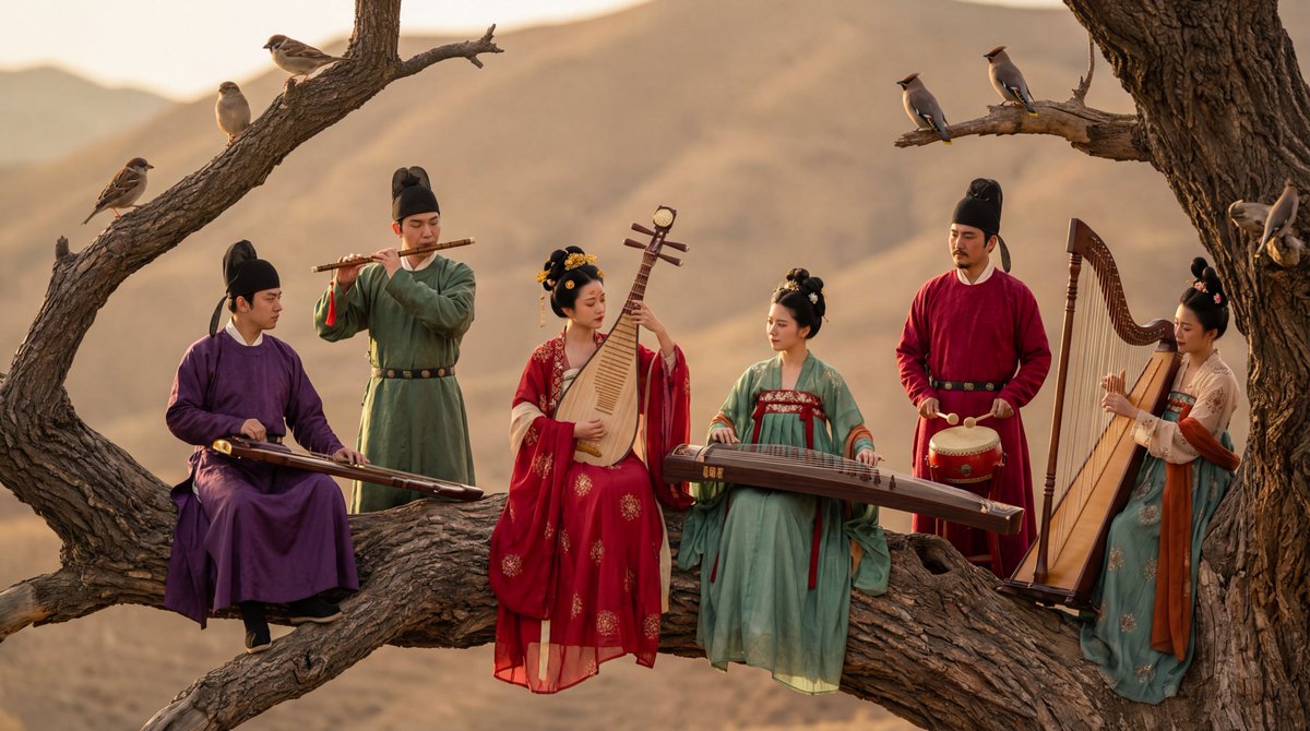 Traditional Chinese Court Orchestra Performance, History, nanoBanana-Pro, Agan Tree Branch Performance, Annie Leibovitz Composition reference image