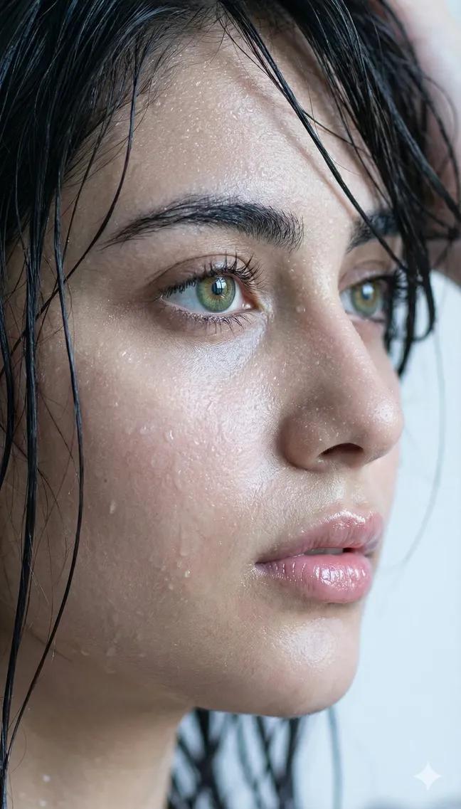 Extreme Wet Close-Up Portrait, Side Profile of a Young Woman, People, nanoBanana-Pro, Close-Up Portrait, Green Eyes reference image
