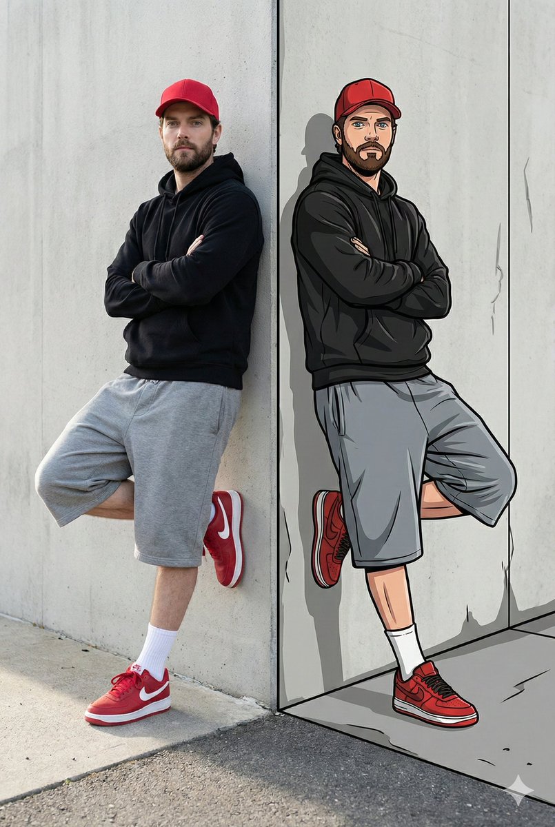 Split-Style Portrait: Reality vs Illustration, People, nanoBanana-Pro, 3D, Cartoon Style reference image