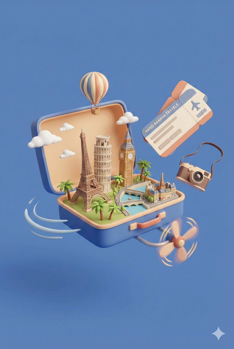 全球地标3D旅行箱插画，插画，nanoBanana-Pro，3D, 3D渲染风格参考图
