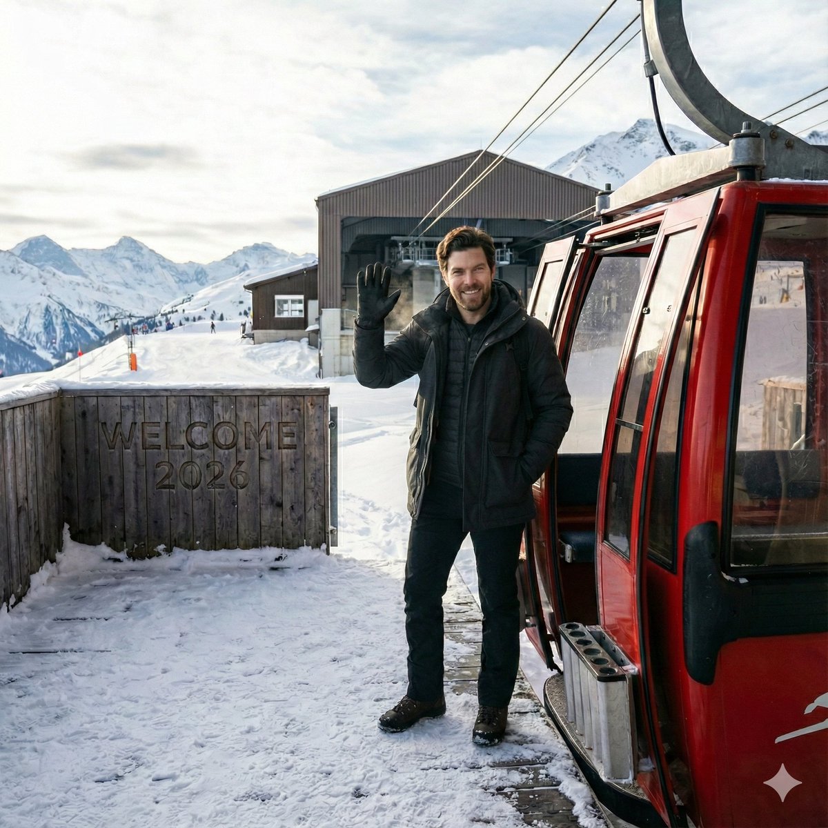 High-Altitude Alpine Station Welcoming 2026, Realistic, nanoBanana-Pro, 2026 Theme, Cable Car Station reference image