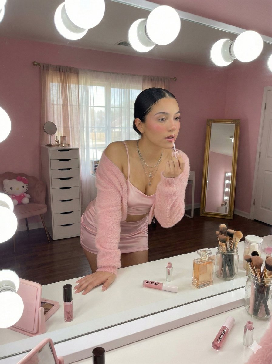 Confident Young Woman in Pink-Themed Bedroom, People, nanoBanana-Pro, Cinematic Lighting, Confident reference image