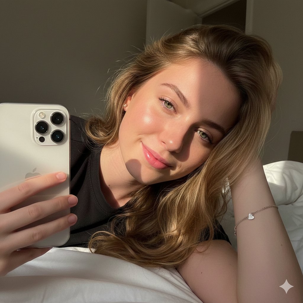 Close-up Self-portrait of a Young Woman on a Bed, People, nanoBanana-Pro, Black T-shirt, Chiaroscuro reference image