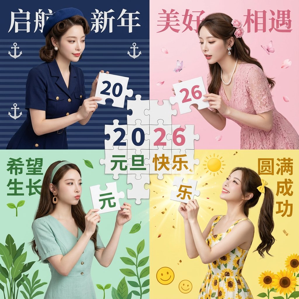 元旦特辑-四角拼图完成2026祝福，时尚，nanoBanana-Pro，Celebratory Mood, Colorful Backgrounds风格参考图