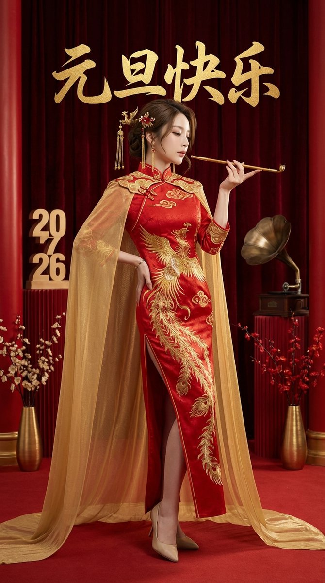 New Year Special - Retro Qipao Lady Style, Retro, nanoBanana-Pro, Elegant Pose, Golden Embroidery reference image