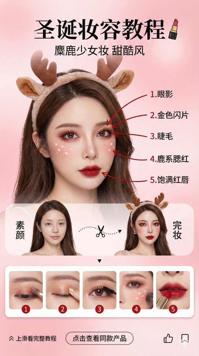 美妆博主圣诞妆容教程界面，节庆，nanoBanana-Pro，Blogger, Christmas Makeup风格参考图