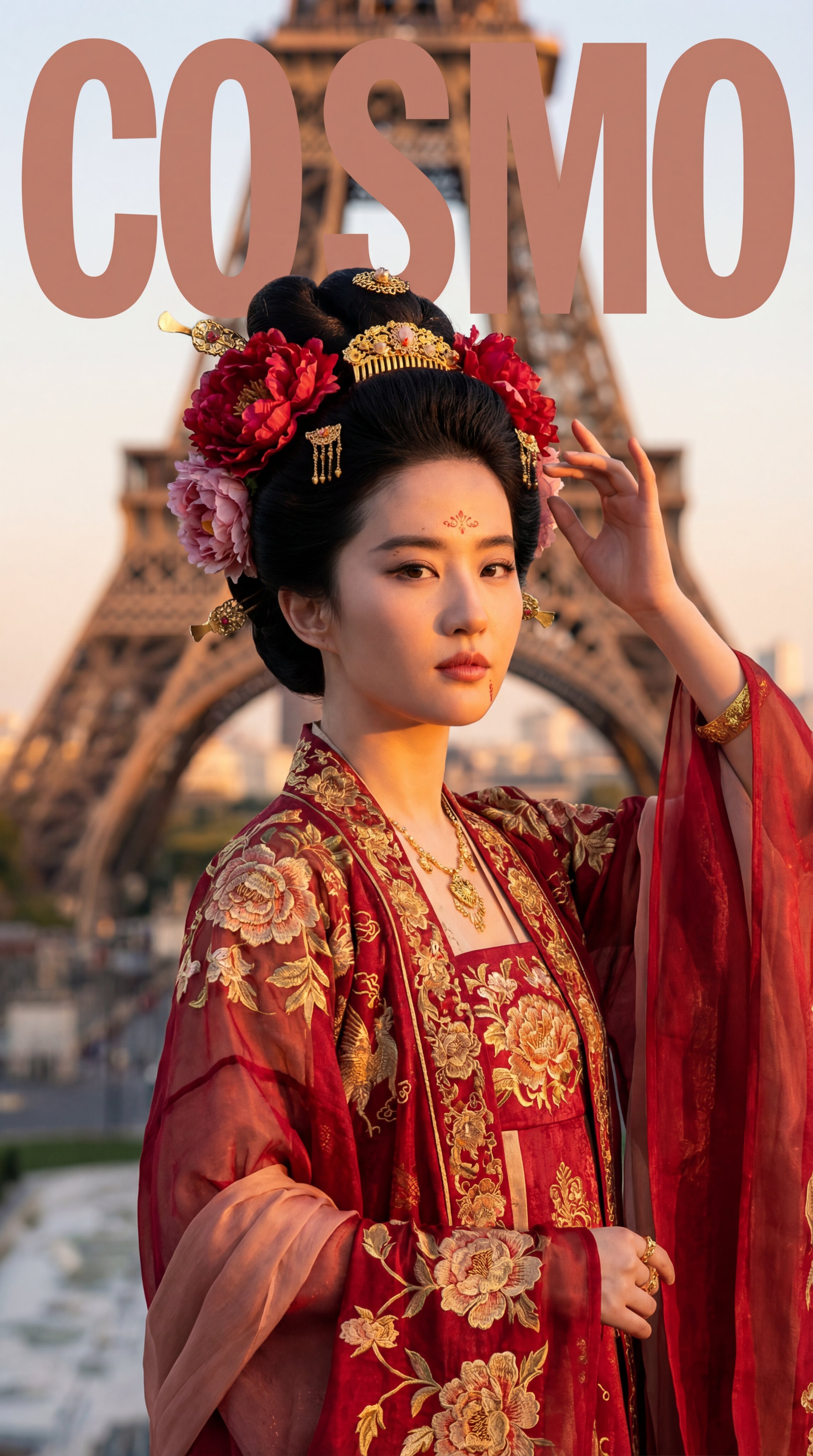 Tang Dynasty Prosperity and Paris Portrait, People, nanoBanana-Pro, COSMO Fashion Magazine, Eiffel Tower reference image