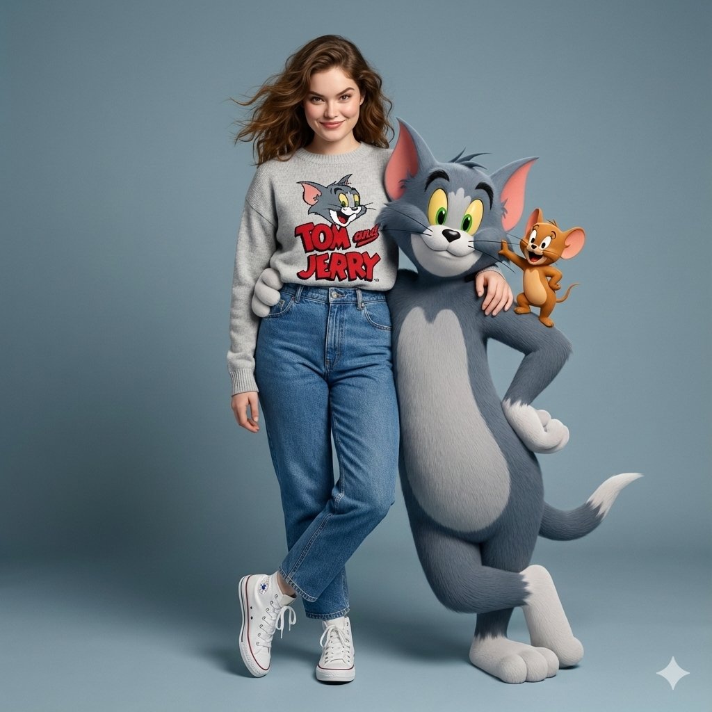 Gemini Nano Banana Pro - Stylish Person with 3D Tom & Jerry, People, nanoBanana-Pro, 3D Photorealistic, 3D Tom & Jerry reference image
