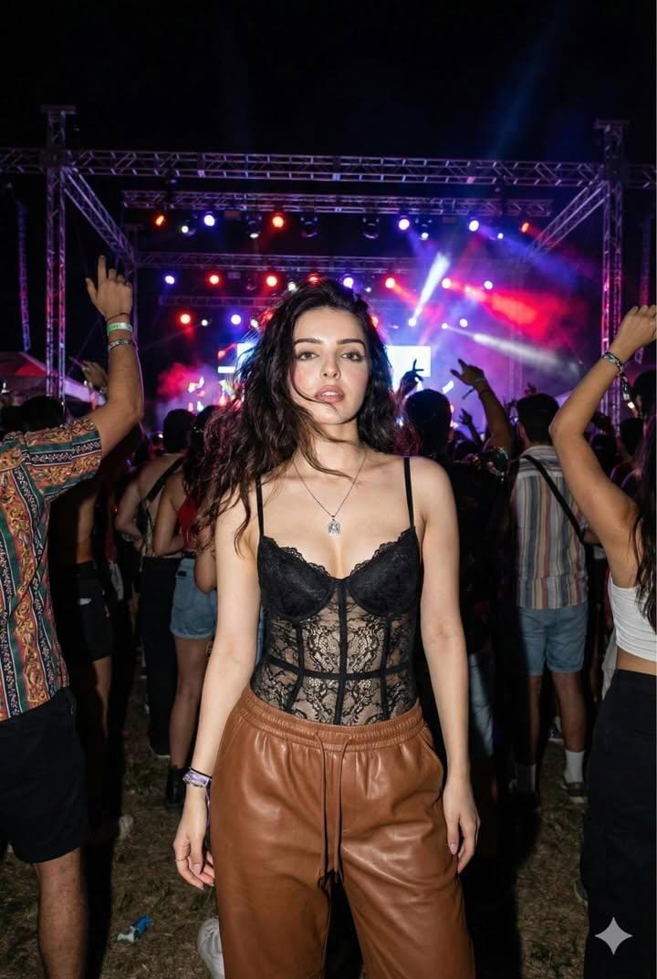 Young Woman at Night Music Festival, People, nanoBanana-Pro, Bustier Bodysuit, Concert Atmosphere reference image