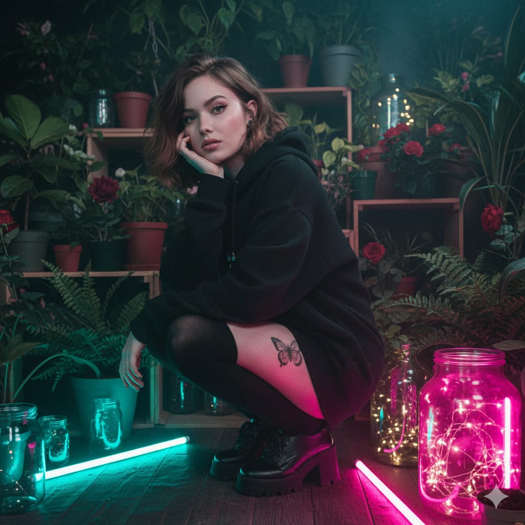 暗色调舒适室内植物环绕的年轻女性肖像，人物，nanoBanana-Pro，Cinematic Portrait, Cozy Room风格参考图
