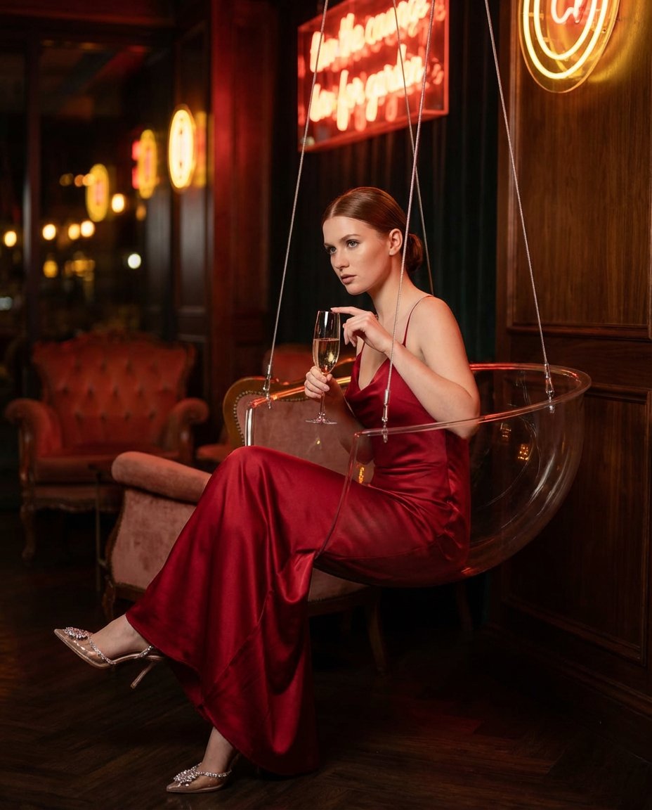 20-Year-Old Woman in Private Lounge, People, nanoBanana-Pro, Acrylic Swing Chair, Champagne Coupe reference image