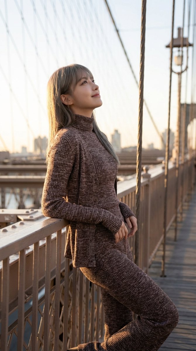 Cinematic Winter Fashion Portrait, Fashion, nanoBanana-Pro, Bridge Scene, Cinematic Lighting reference image