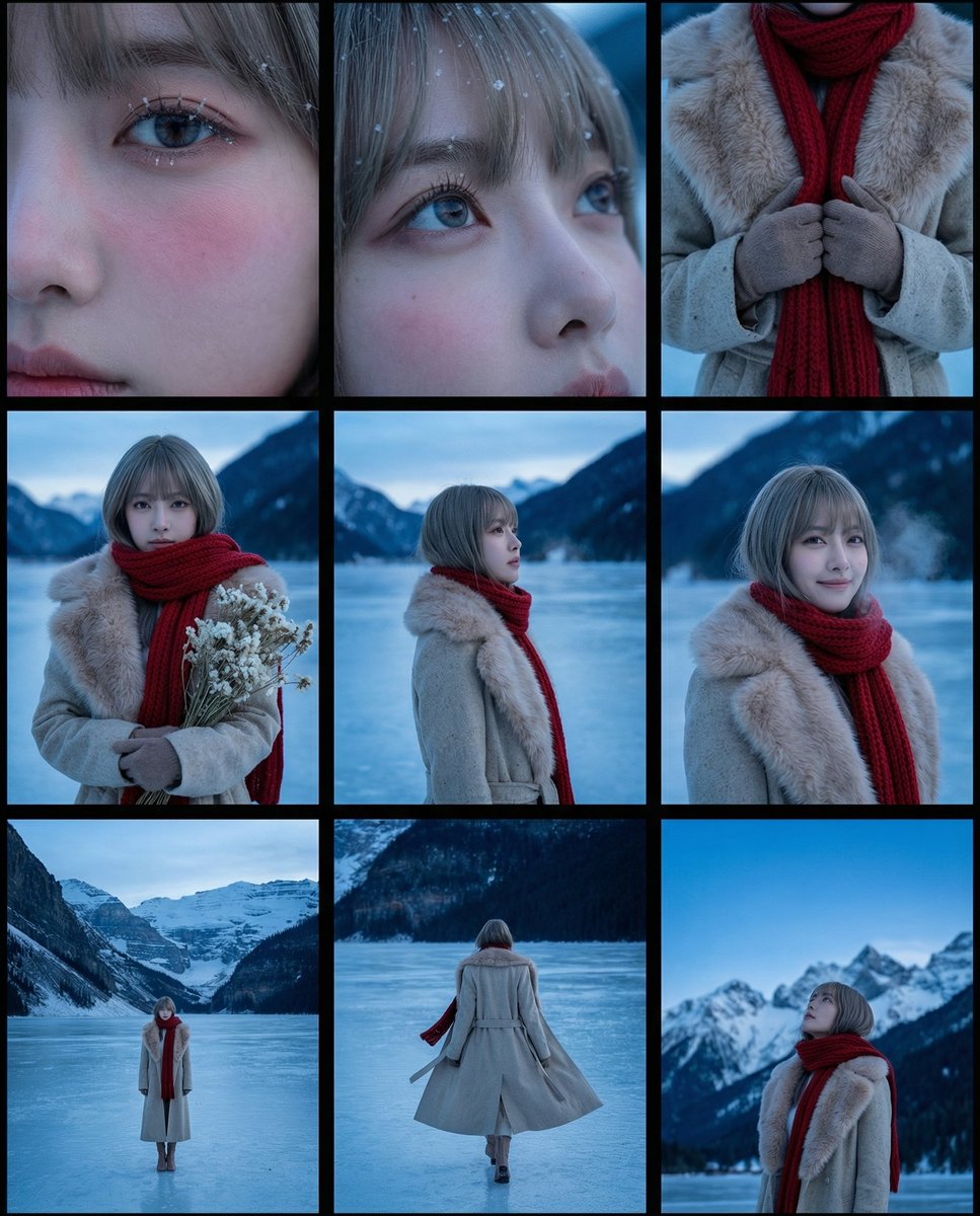 冰冻阿尔卑斯冬季场景故事板，影视，nanoBanana-Pro，Alpine Winter, Blue Hour Lighting风格参考图